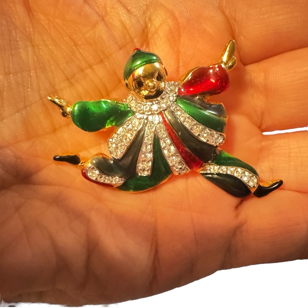 Puccini Clown Brooch Enamel Rhinestone Pin Signed Red Green Gold